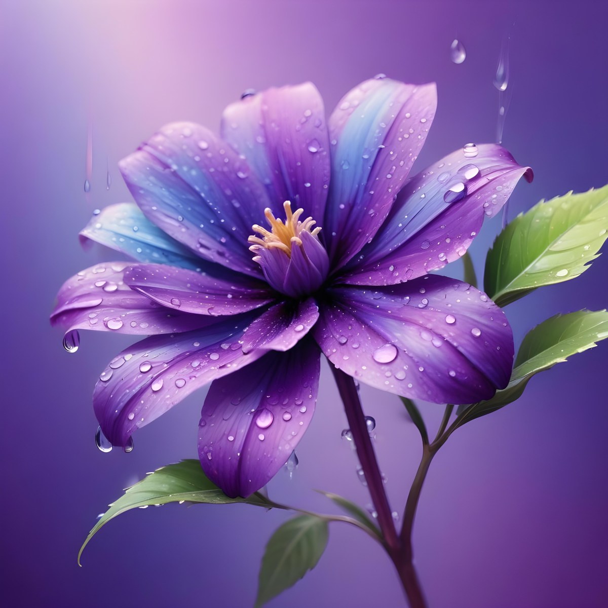 A Purple Flower With Water Drops On A Purple Stem And Leaves Pastel Rainbow Background Soft Lighting High Detail Elegant Vibrant Colors Dreamy Botanical Illustration 30 5e0f