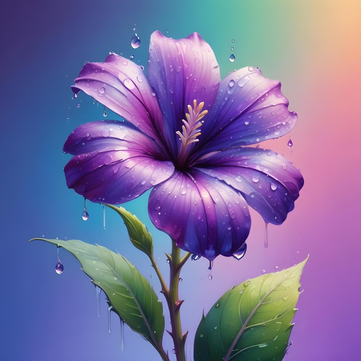 A Purple Flower With Water Drops On A Purple Stem And Leaves Pastel Rainbow Background Soft Lighting High Detail Elegant Vibrant Colors Dreamy Botanical Illustration 31 9a5a