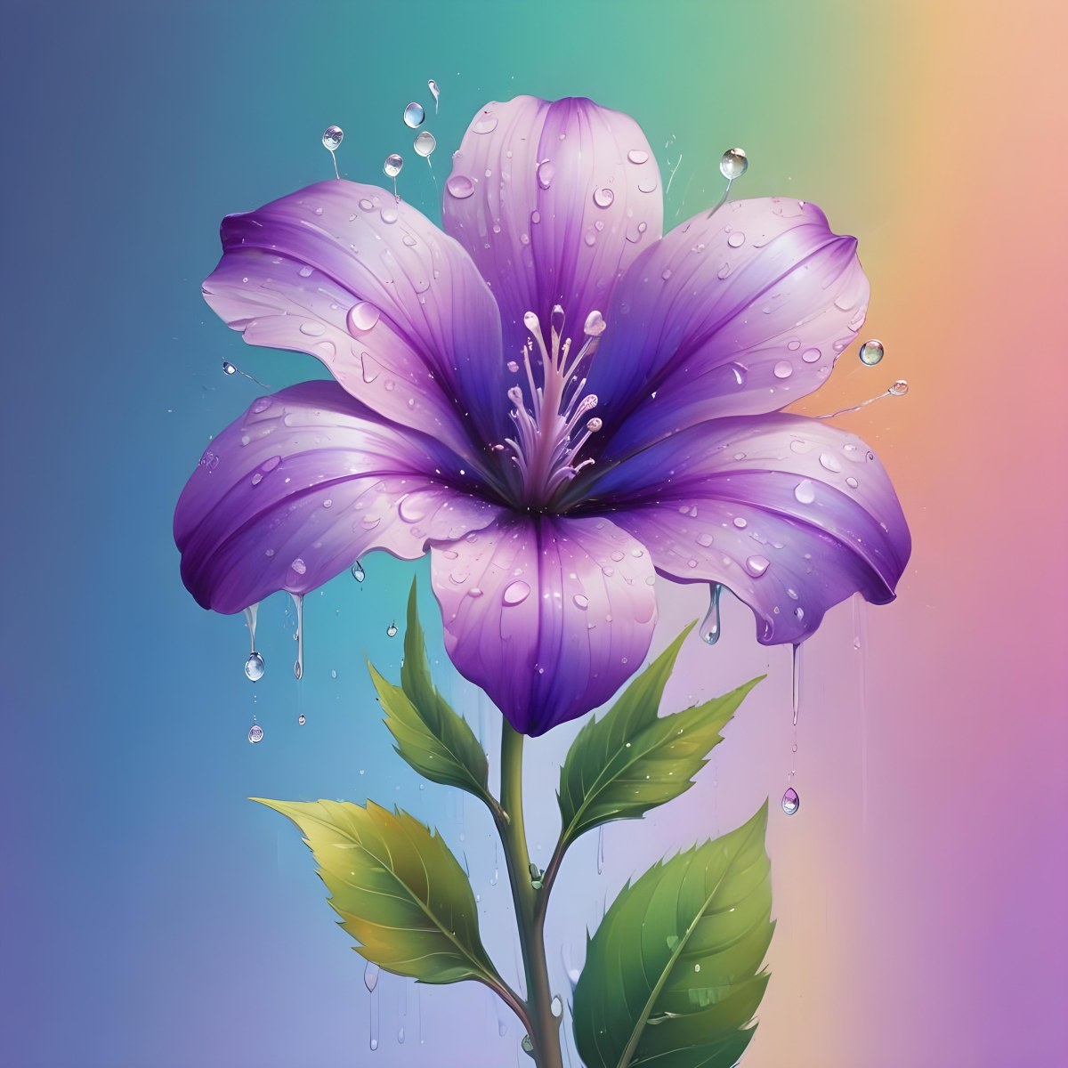 A Purple Flower With Water Drops On A Purple Stem And Leaves Pastel Rainbow Background Soft Lighting High Detail Elegant Vibrant Colors Dreamy Botanical Illustration 34 463c
