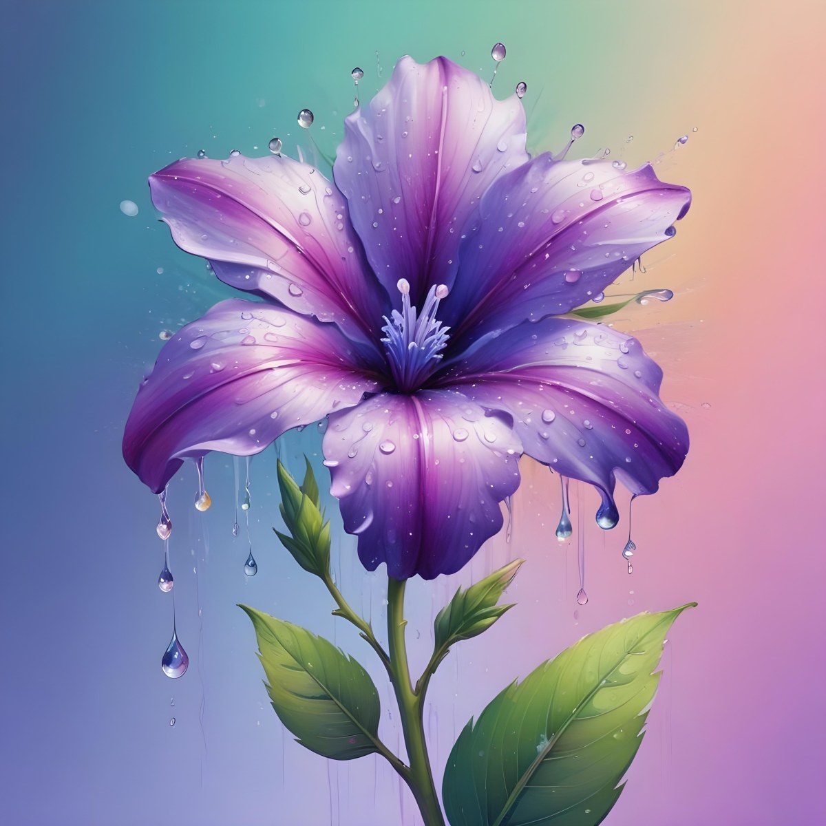 A Purple Flower With Water Drops On A Purple Stem And Leaves Pastel Rainbow Background Soft Lighting High Detail Elegant Vibrant Colors Dreamy Botanical Illustration 35 Fd84