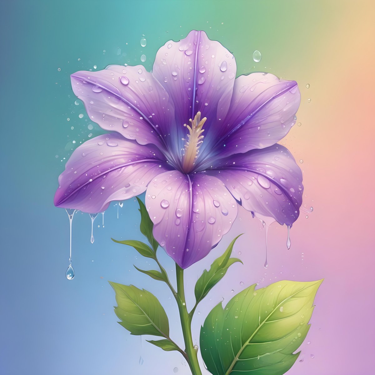 A Purple Flower With Water Drops On A Purple Stem And Leaves Pastel Rainbow Background Soft Lighting High Detail Elegant Vibrant Colors Dreamy Botanical Illustration 4 3c67
