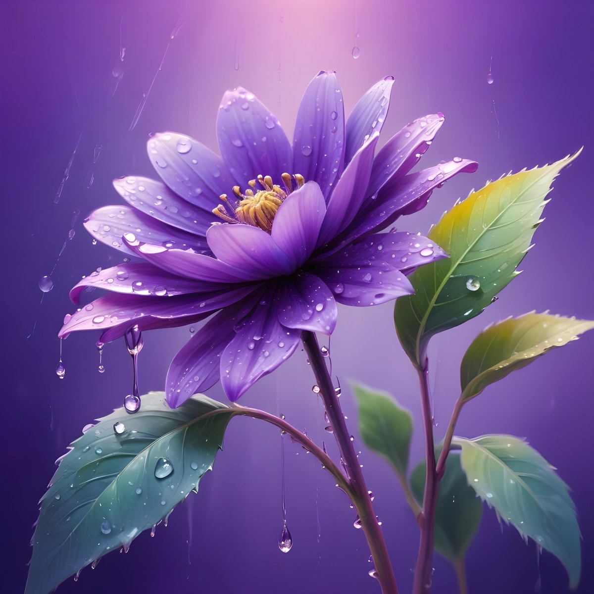 A Purple Flower With Water Drops On A Purple Stem And Leaves Pastel Rainbow Background Soft Lighting High Detail Elegant Vibrant Colors Dreamy Botanical Illustration 40 5ed6