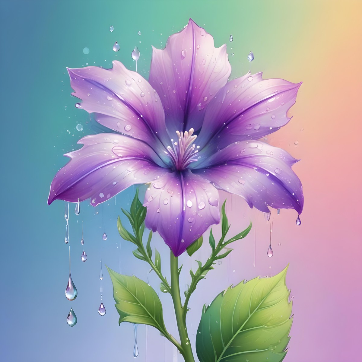 A Purple Flower With Water Drops On A Purple Stem And Leaves Pastel Rainbow Background Soft Lighting High Detail Elegant Vibrant Colors Dreamy Botanical Illustration 41 7384
