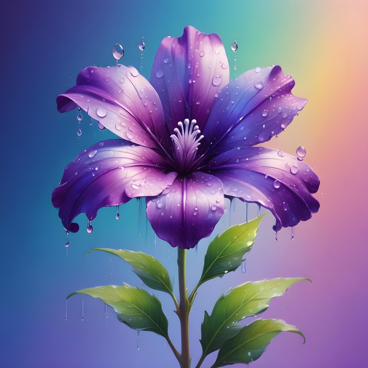 A Purple Flower With Water Drops On A Purple Stem And Leaves Pastel Rainbow Background Soft Lighting High Detail Elegant Vibrant Colors Dreamy Botanical Illustration 42 4afe