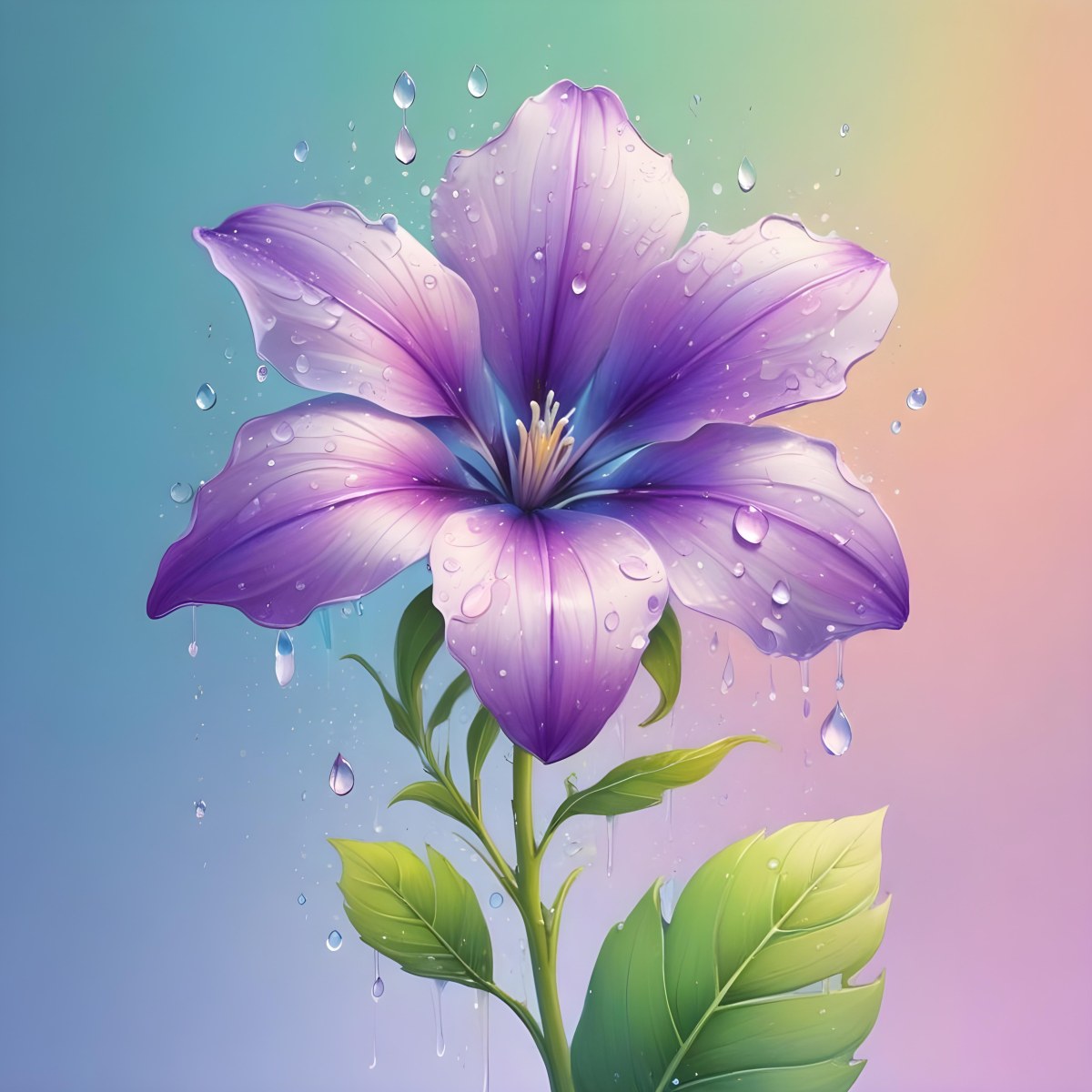 A Purple Flower With Water Drops On A Purple Stem And Leaves Pastel Rainbow Background Soft Lighting High Detail Elegant Vibrant Colors Dreamy Botanical Illustration 43 Db2a