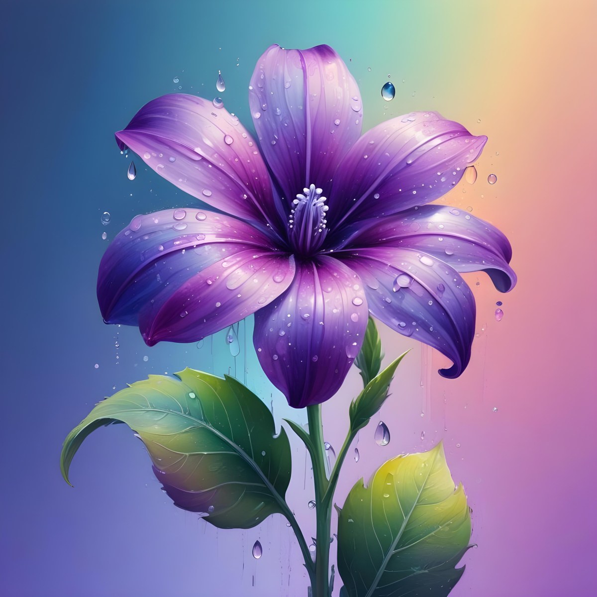 A Purple Flower With Water Drops On A Purple Stem And Leaves Pastel Rainbow Background Soft Lighting High Detail Elegant Vibrant Colors Dreamy Botanical Illustration 5 E3e9