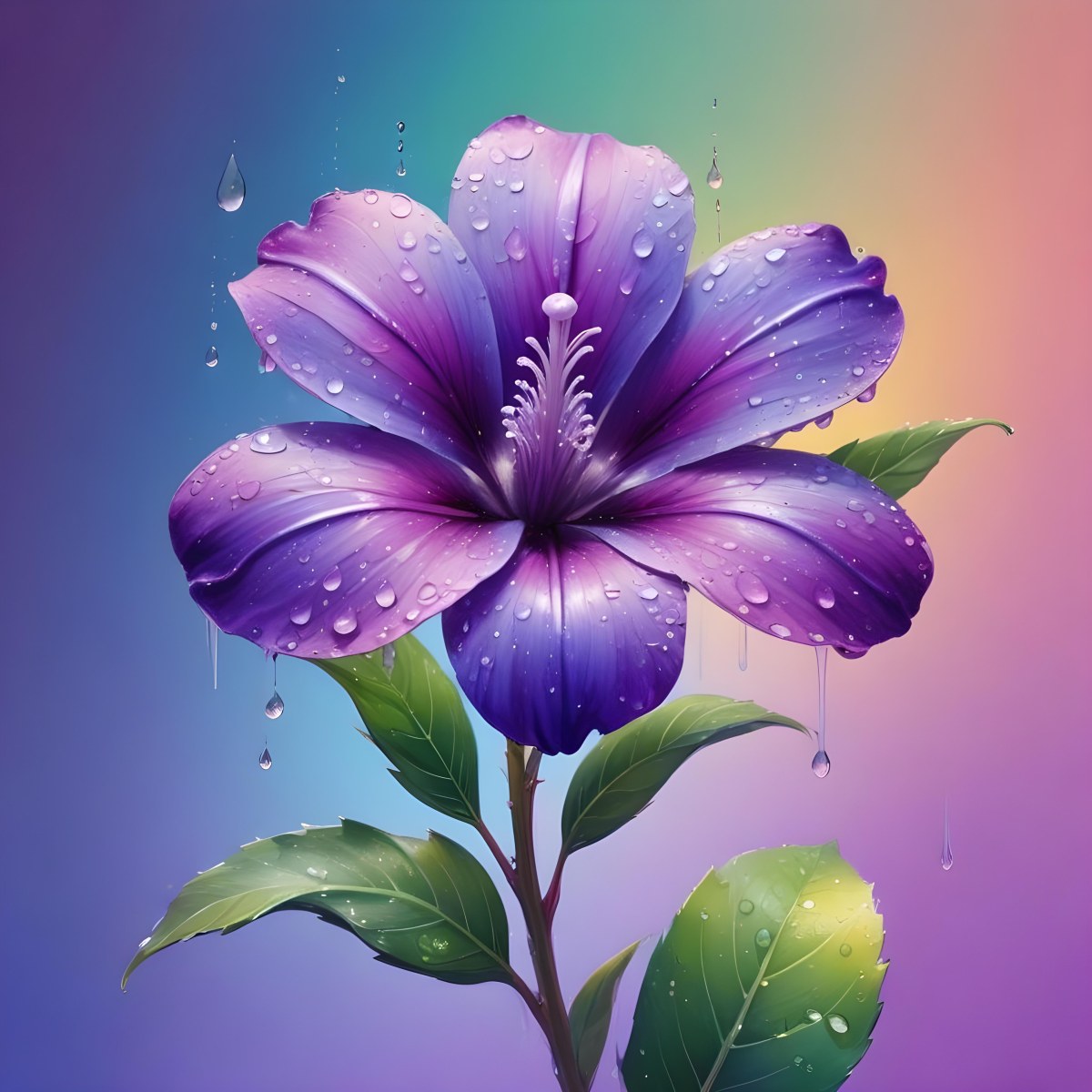 A Purple Flower With Water Drops On A Purple Stem And Leaves Pastel Rainbow Background Soft Lighting High Detail Elegant Vibrant Colors Dreamy Botanical Illustration 7 64b3