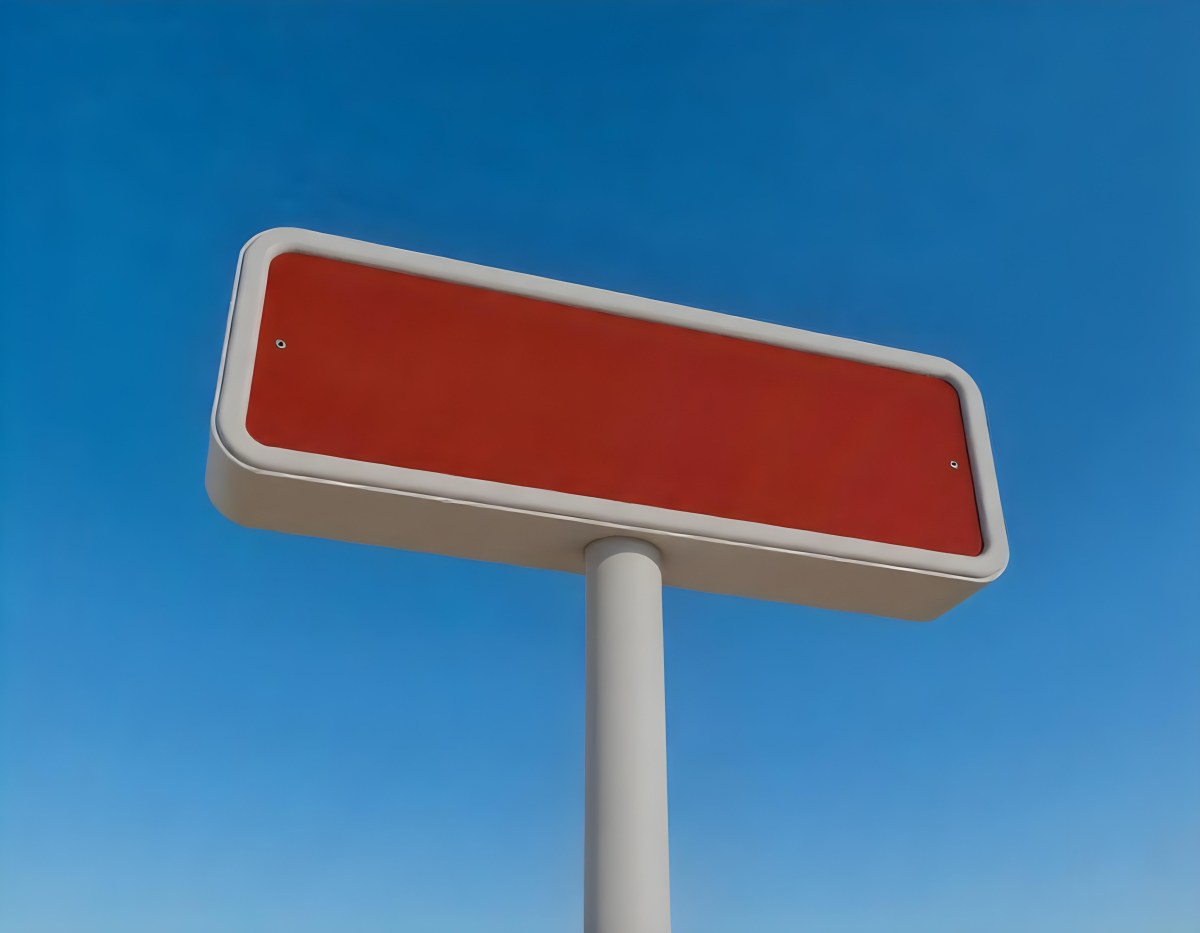 A Red And White Sign On A Pole Against A Red Sky The Sign Is Blank The Pole Is Blue 18 B877
