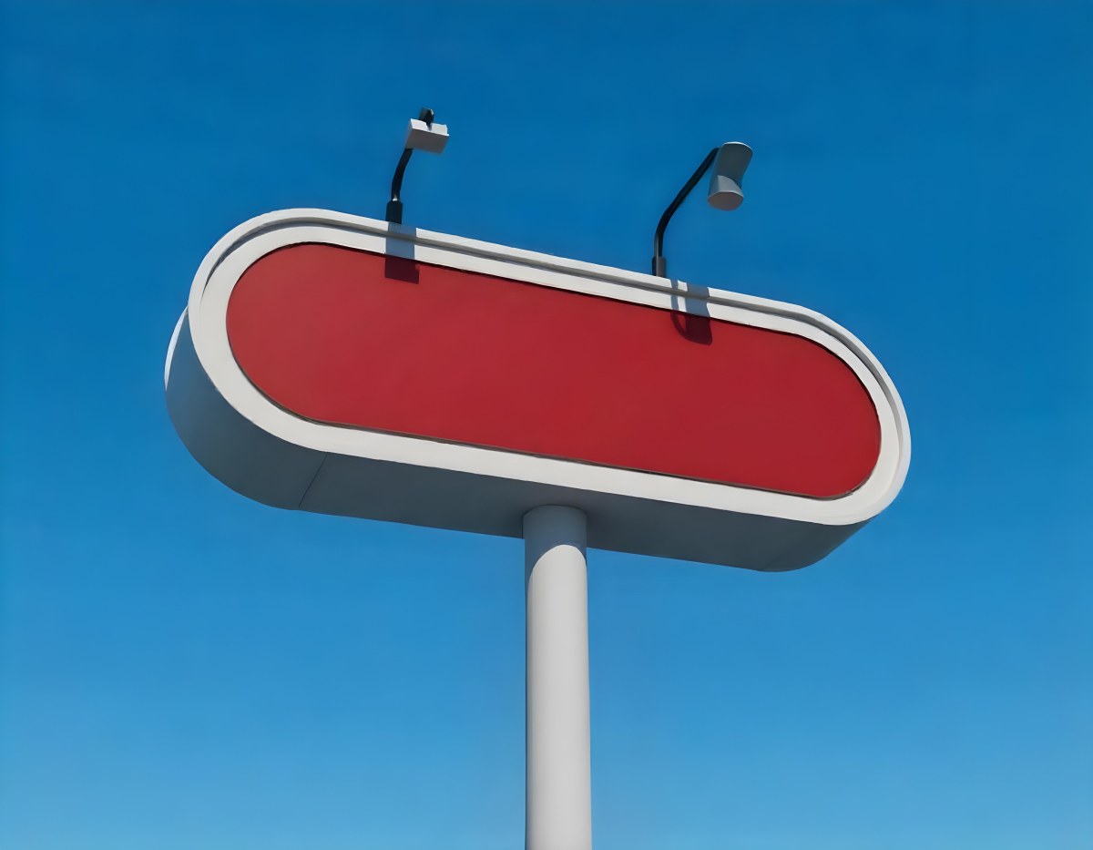 A Red And White Sign On A Pole Against A Red Sky The Sign Is Blank The Pole Is Blue 19 17bf