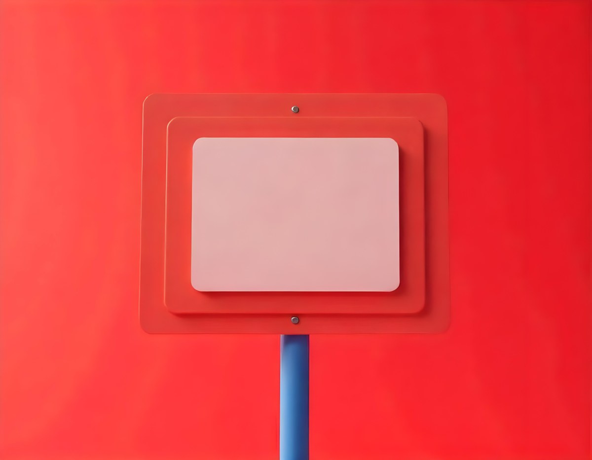 A Red And White Sign On A Pole Against A Red Sky The Sign Is Blank The Pole Is Blue 7 9914