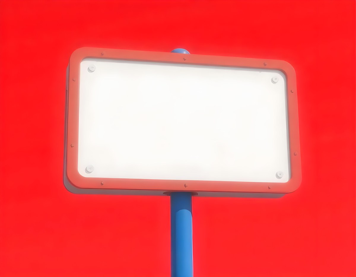 A Red And White Sign On A Pole Against A Red Sky The Sign Is Blank The Pole Is Blue 9 4751