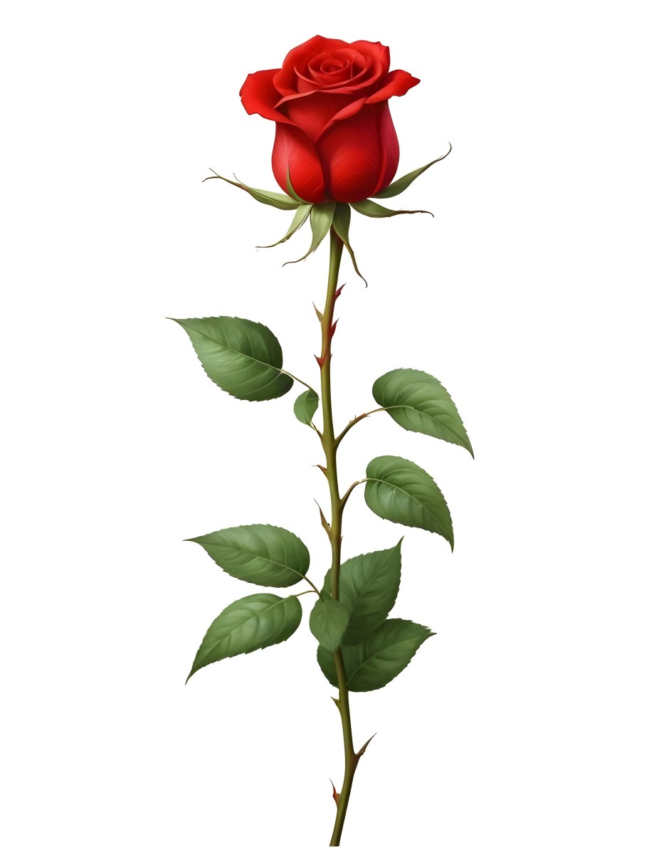 A Red Rose With A Long Stem And Red Leaves Isolated On A White Background Showcasing Its Vibrant Color And Delicate Details 15 0f46