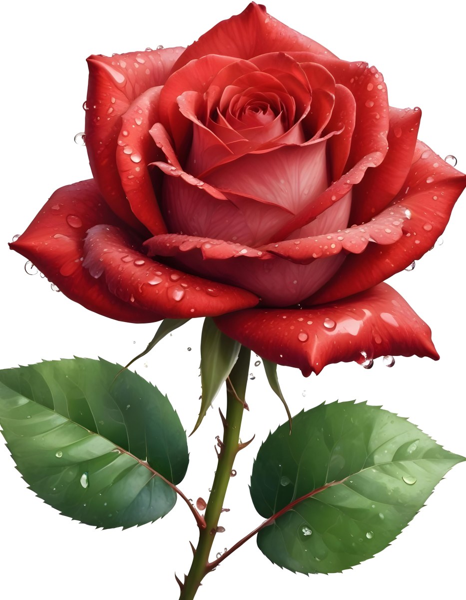 A Red Rose With Water Drops On The Petals And Red Leaves On A White Background 2 Bd0e