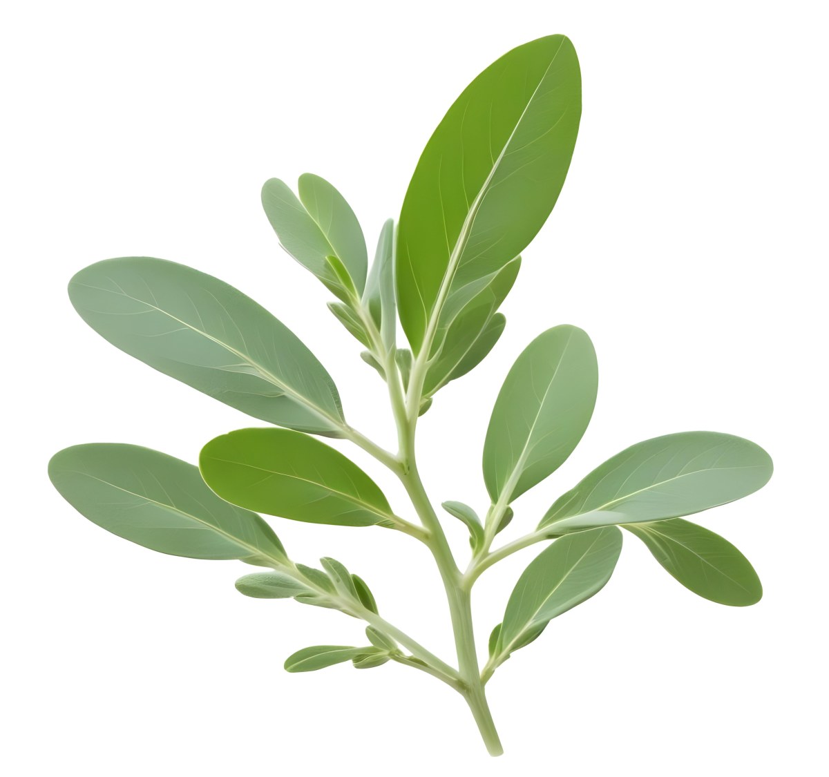 A Sage Branch With Green Leaves The Leaves Are Oval Shaped And Have A Slightly Fuzzy Texture The Background Is Plain White 42 A38c