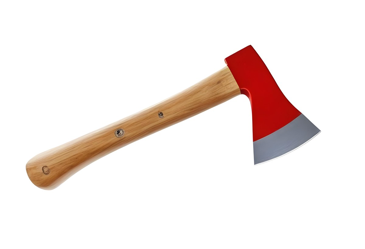 A Silver Axe With A Wooden Handle The Blade Is Silver And Sharp The Background Is Plain White The Axe Is Angled 25 C797