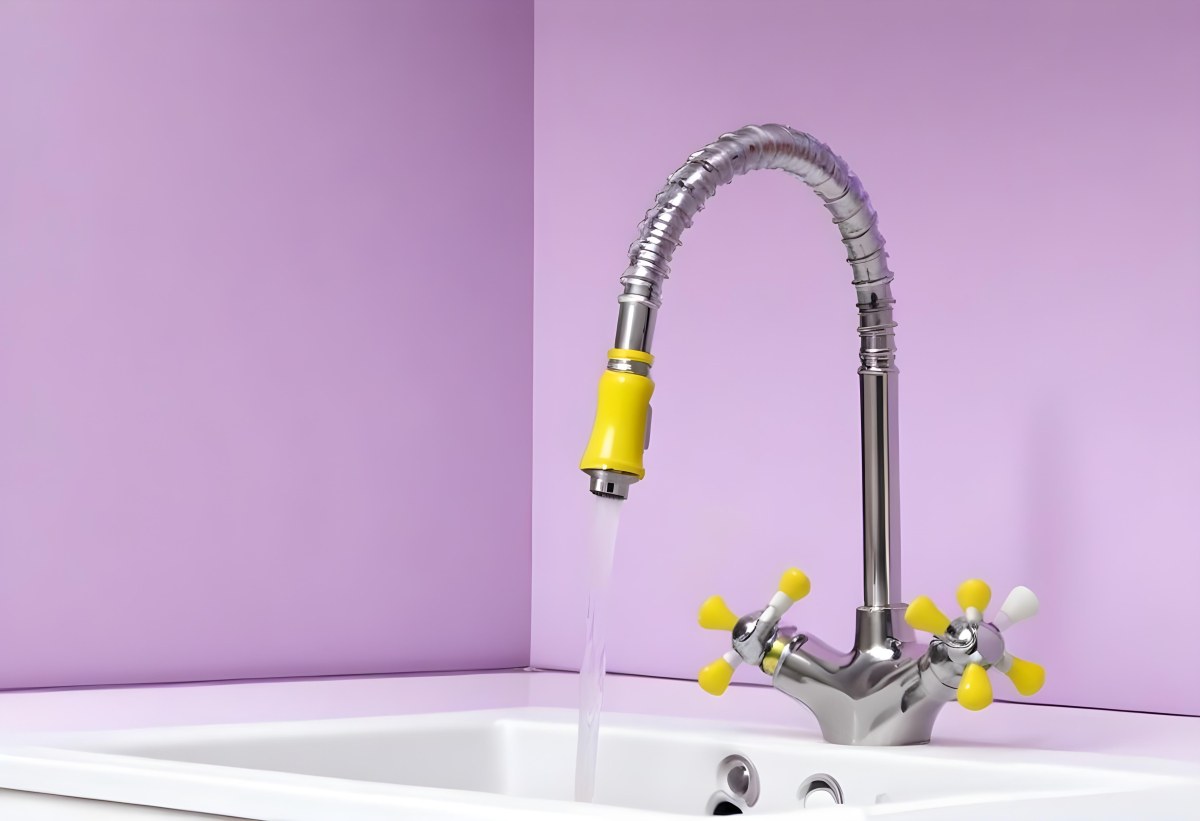 A Silver Faucet With White Handles Over A Yellow Sink In A Yellow Bathroom The Faucet Is Flexible And Has A Modern Design 12 4d72