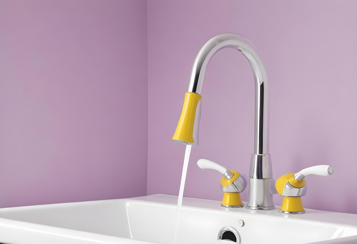 A Silver Faucet With White Handles Over A Yellow Sink In A Yellow Bathroom The Faucet Is Flexible And Has A Modern Design 13 Bf80