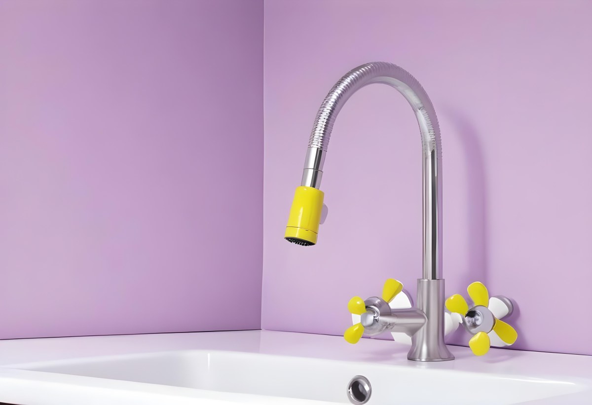 A Silver Faucet With White Handles Over A Yellow Sink In A Yellow Bathroom The Faucet Is Flexible And Has A Modern Design 15 A0f9