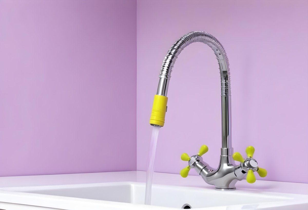 A Silver Faucet With White Handles Over A Yellow Sink In A Yellow Bathroom The Faucet Is Flexible And Has A Modern Design 2 2652