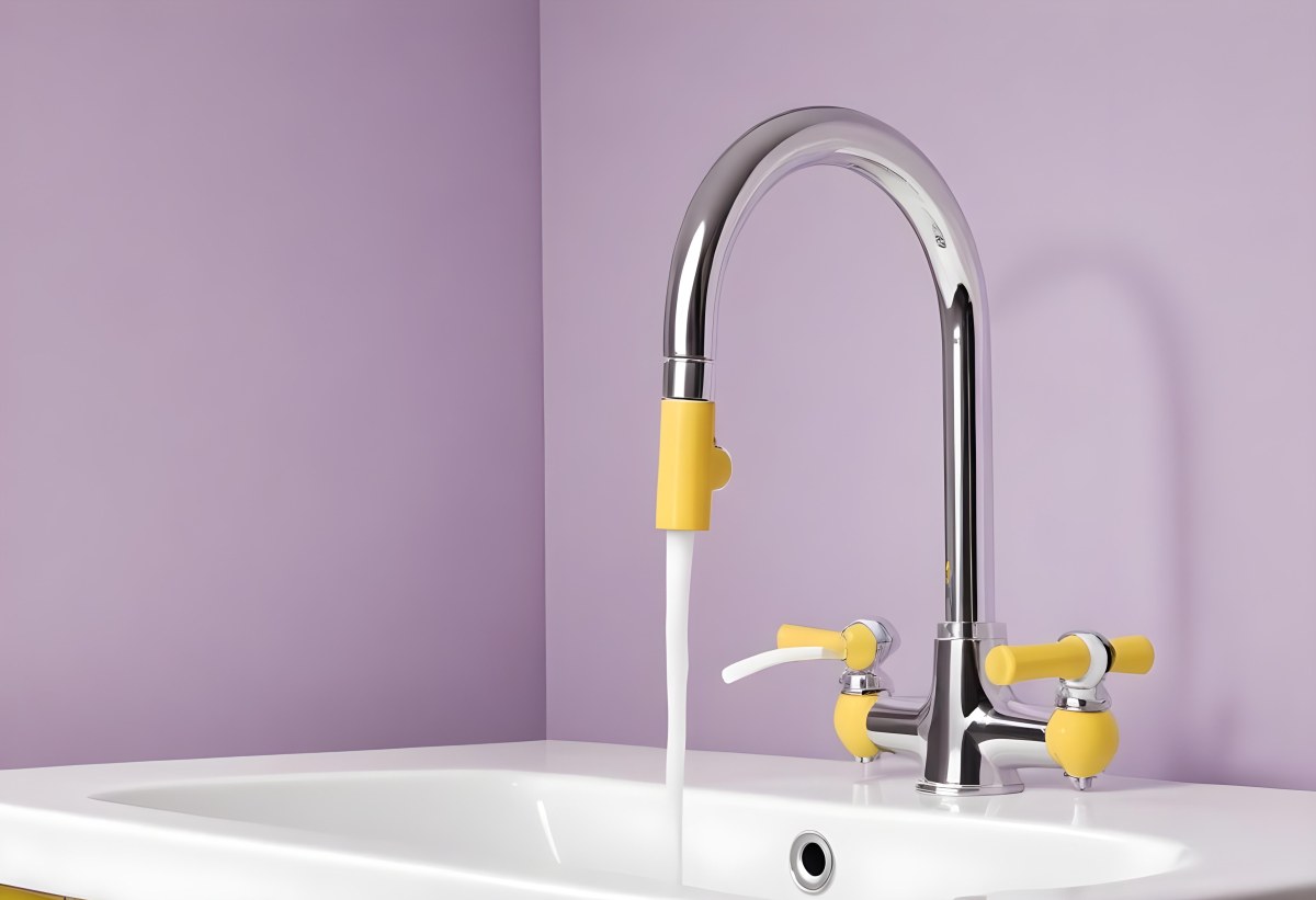 A Silver Faucet With White Handles Over A Yellow Sink In A Yellow Bathroom The Faucet Is Flexible And Has A Modern Design 3 4342