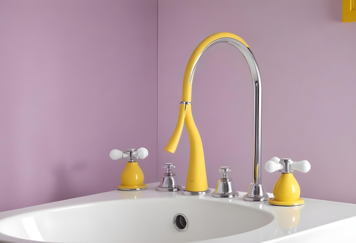 A Silver Faucet With White Handles Over A Yellow Sink In A Yellow Bathroom The Faucet Is Flexible And Has A Modern Design 5 8d49