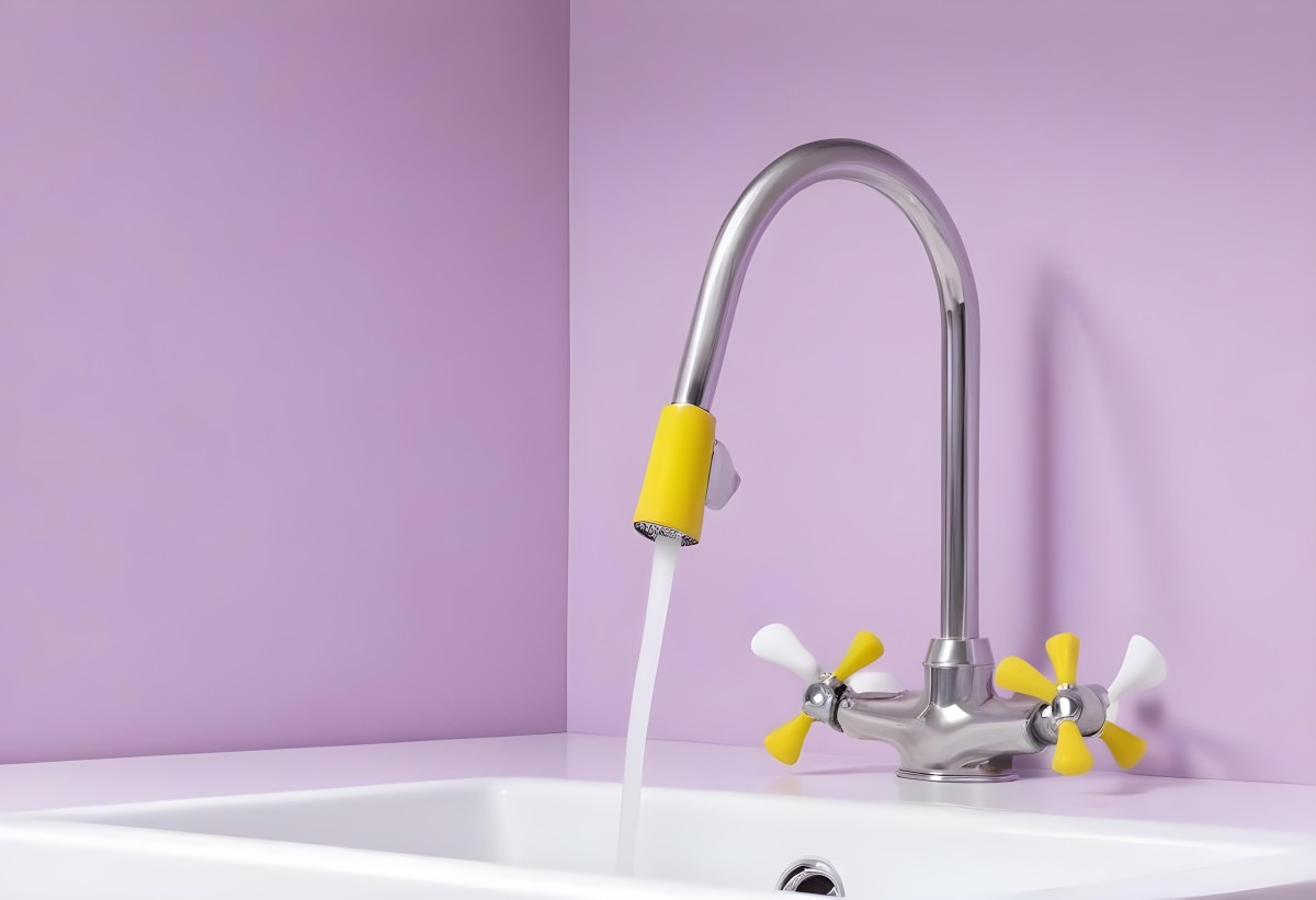 A Silver Faucet With White Handles Over A Yellow Sink In A Yellow Bathroom The Faucet Is Flexible And Has A Modern Design 6 6f4e