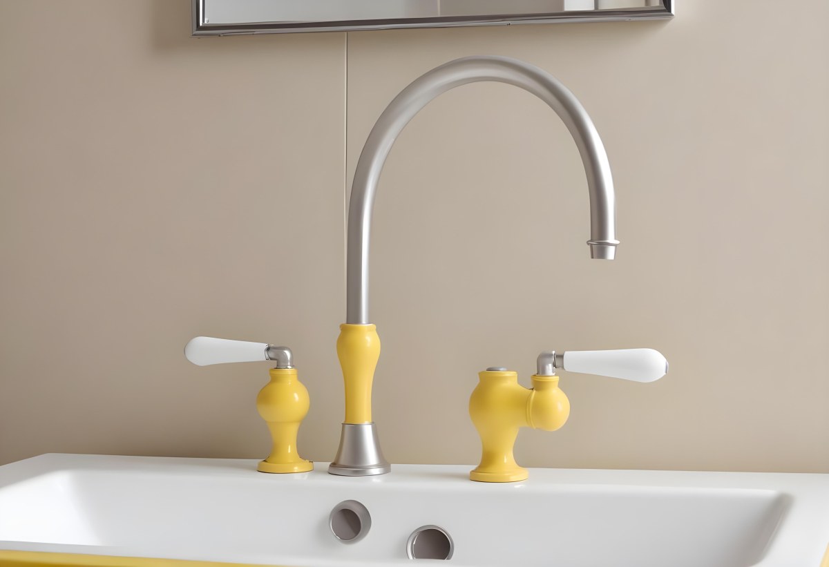 A Silver Faucet With White Handles Over A Yellow Sink In A Yellow Bathroom The Faucet Is Flexible And Has A Modern Design 7 86dc