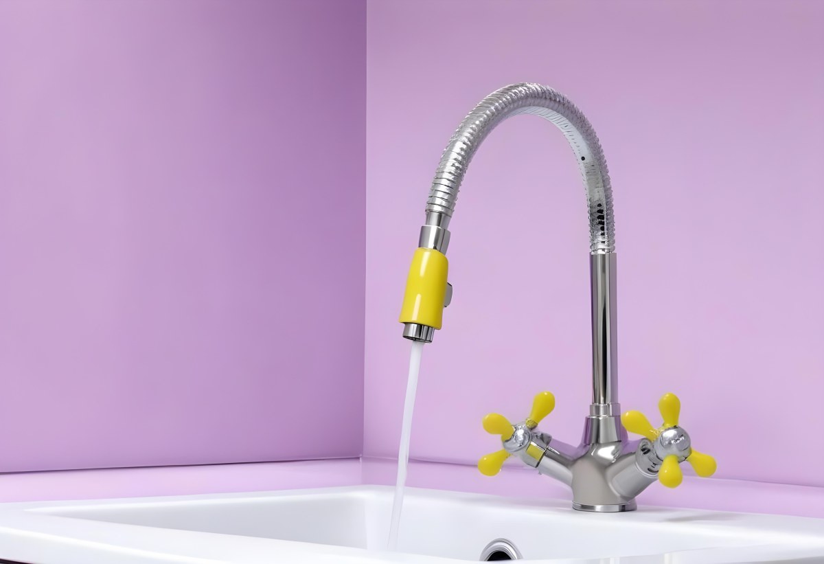 A Silver Faucet With White Handles Over A Yellow Sink In A Yellow Bathroom The Faucet Is Flexible And Has A Modern Design 8 8225