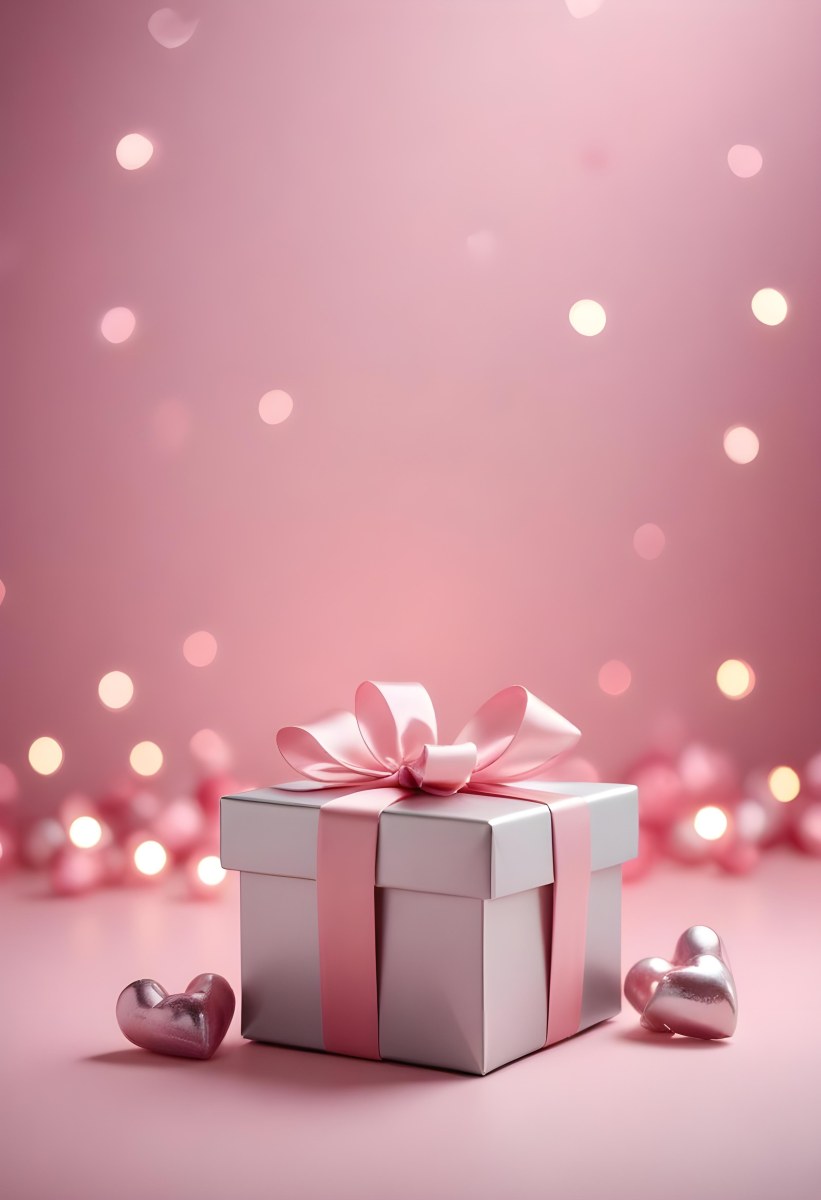A Silver Gift Box With A Pink Bow On A Pink Background With Heart Shaped Bokeh Lights 12 D337