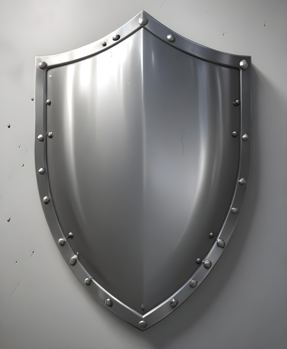 A Silver Metal Shield With A Curved Shape And Rivets Around The Edges Representing A Medieval Style Protective Shield 12