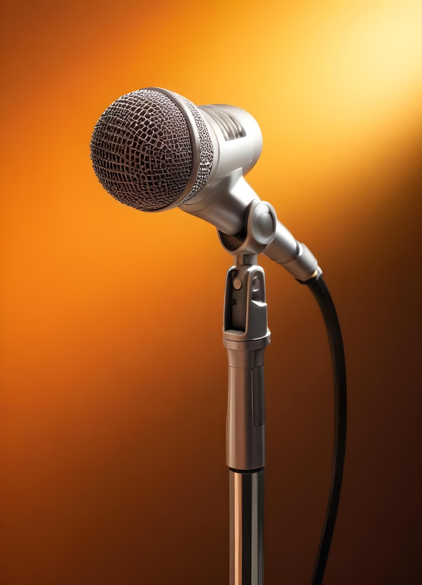 A Silver Microphone On A Stand Against A Orange Background 6 9064