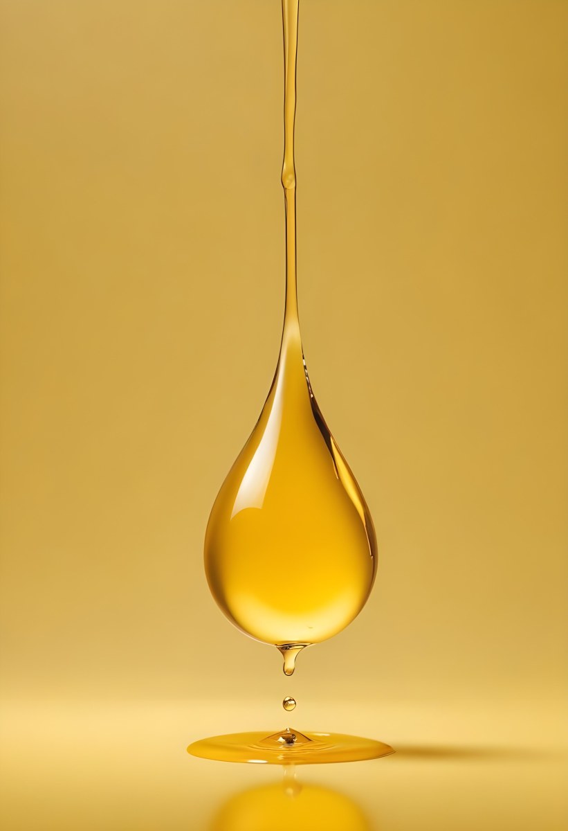 A Single Drop Of Honey Or Golden Liquid Suspended On A String Against A Bright Yellow Background 14 89aa