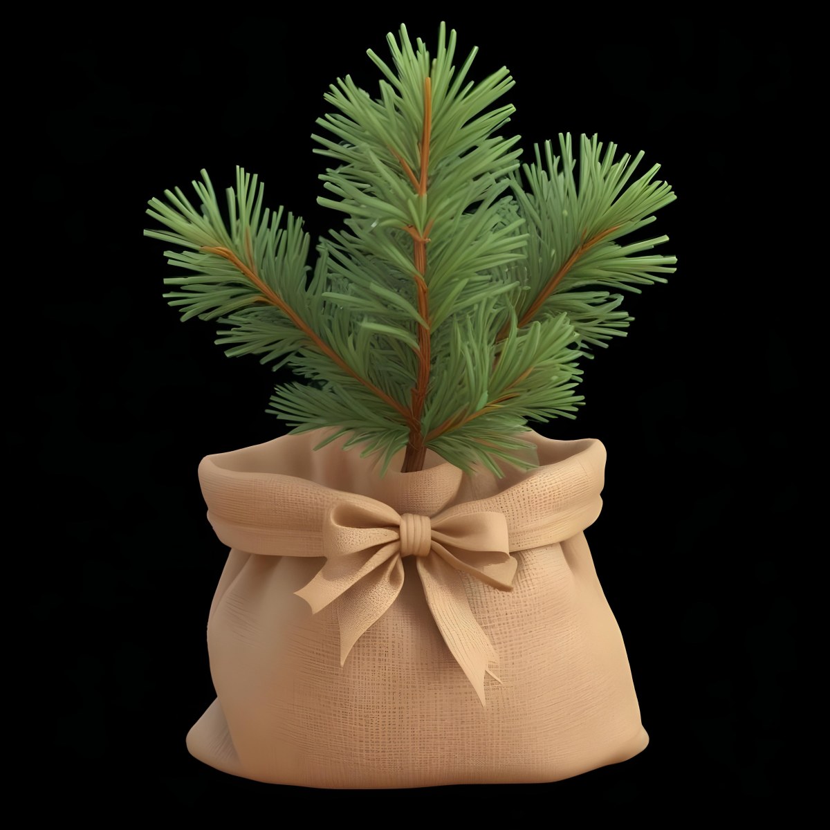 A Small Pine Tree In A Burlap Sack