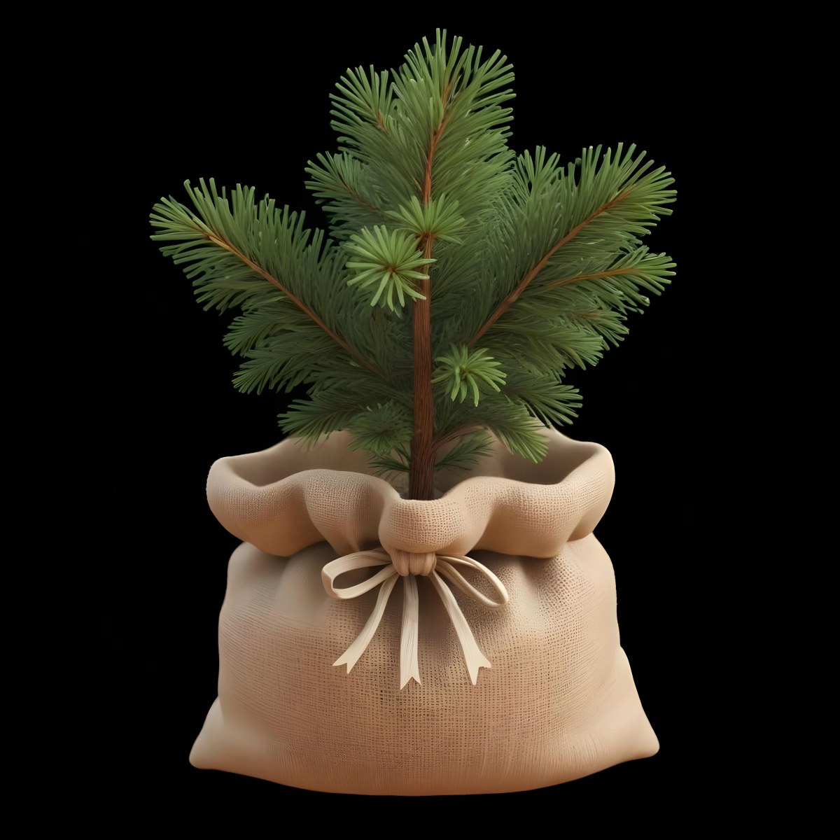 A Small Pine Tree In A Burlap Sack With A Tied Bow The Background Is Plain Black 13 C3ec