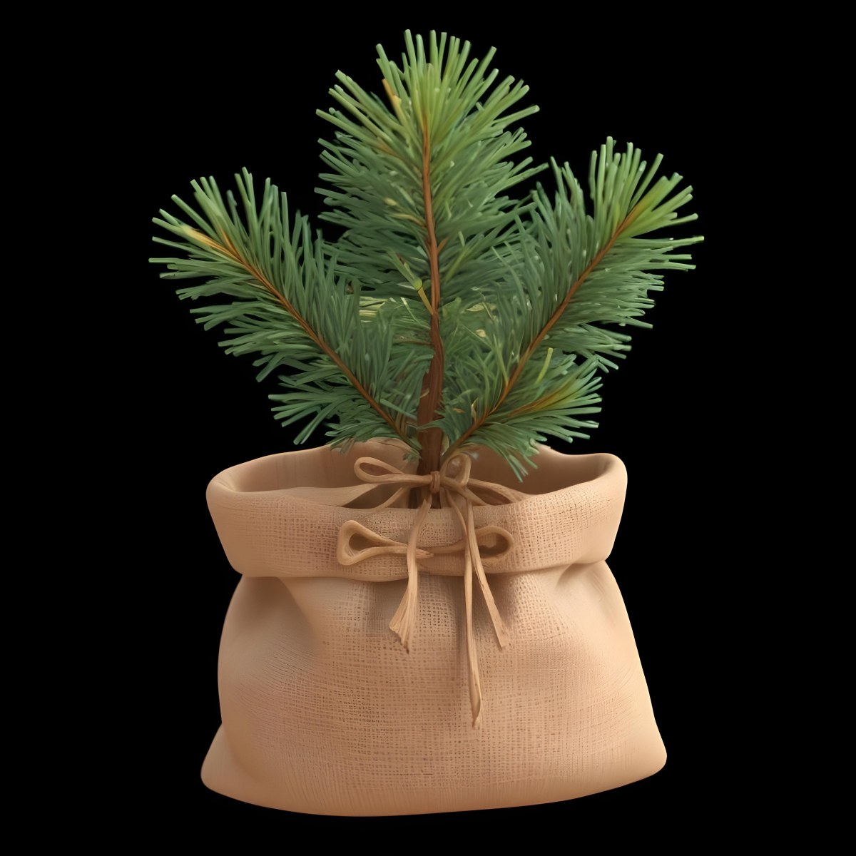 A Small Pine Tree In A Burlap Sack With A Tied Bow The Background Is Plain Black 16 6cf2
