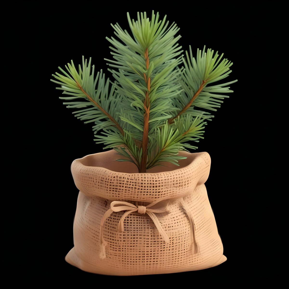A Small Pine Tree In A Burlap Sack With A Tied Bow The Background Is Plain Black 2 E65a
