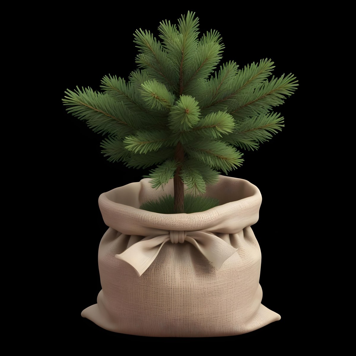 A Small Pine Tree In A Burlap Sack With A Tied Bow The Background Is Plain Black 3 6546