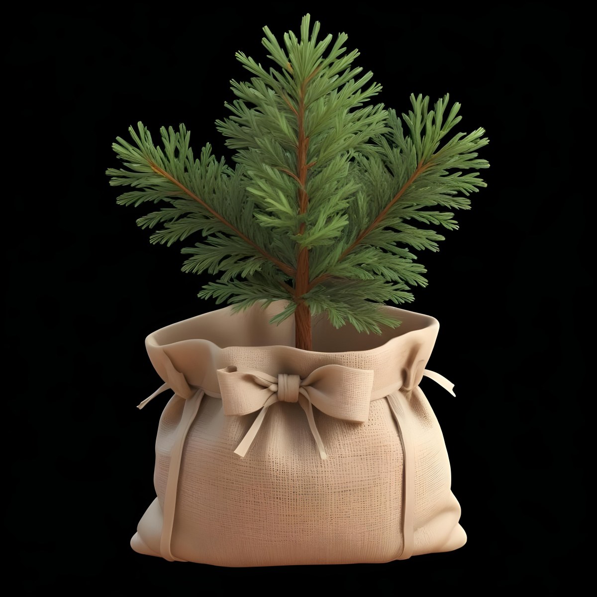 A Small Pine Tree In A Burlap Sack With A Tied Bow The Background Is Plain Black 4 7838