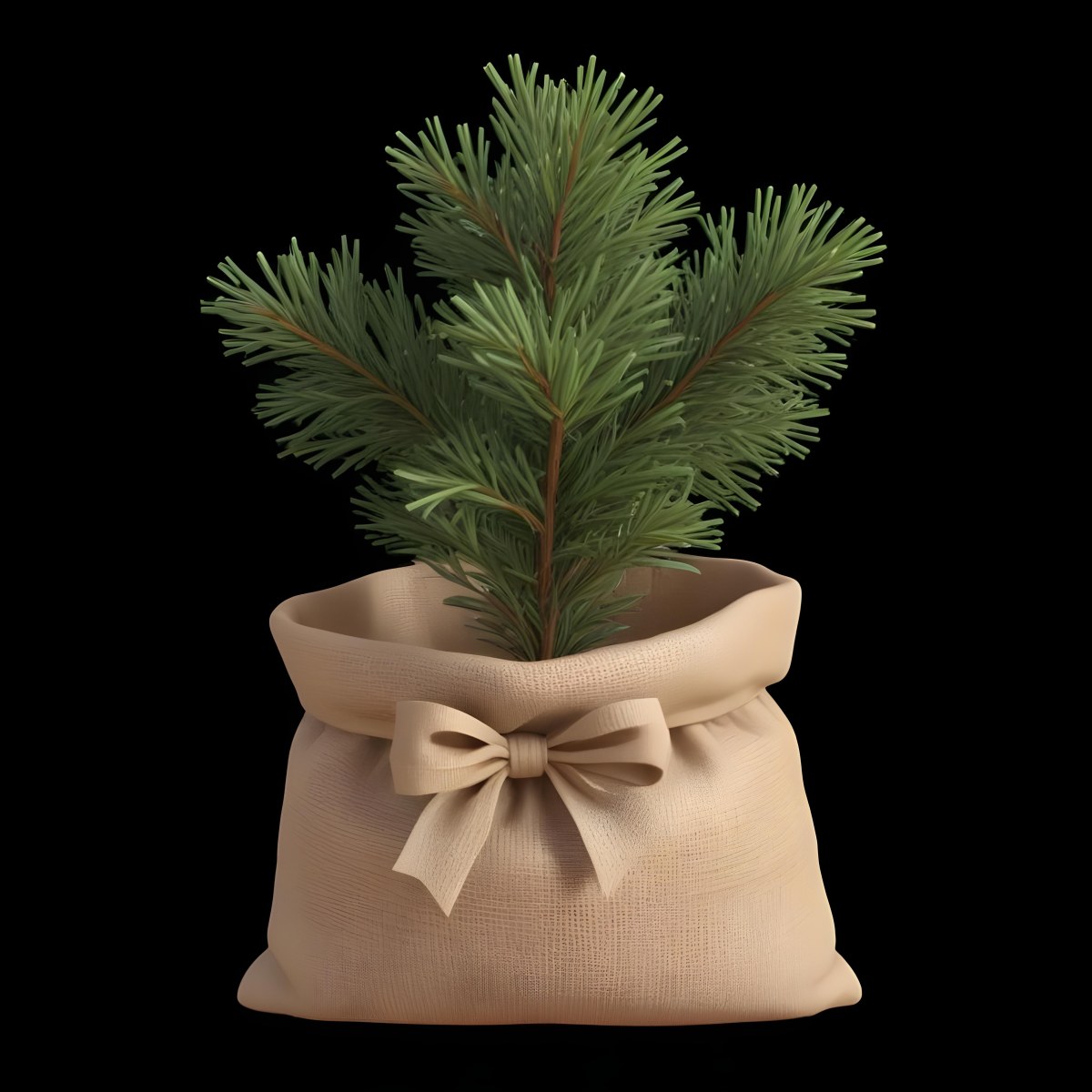 A Small Pine Tree In A Burlap Sack With A Tied Bow The Background Is Plain Black 5 1312