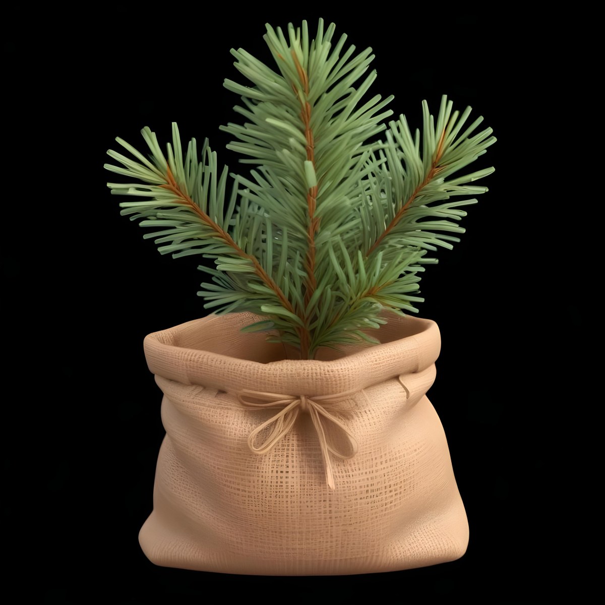 A Small Pine Tree In A Burlap Sack With A Tied Bow The Background Is Plain Black 6 67ad