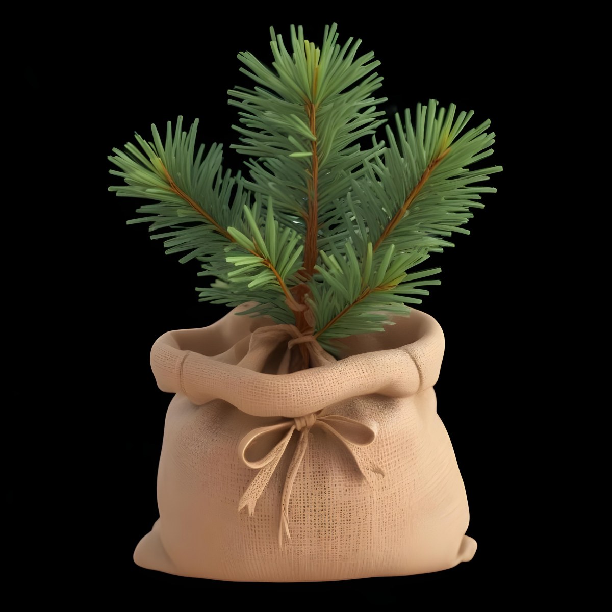 A Small Pine Tree In A Burlap Sack With A Tied Bow The Background Is Plain Black 8 F6fe