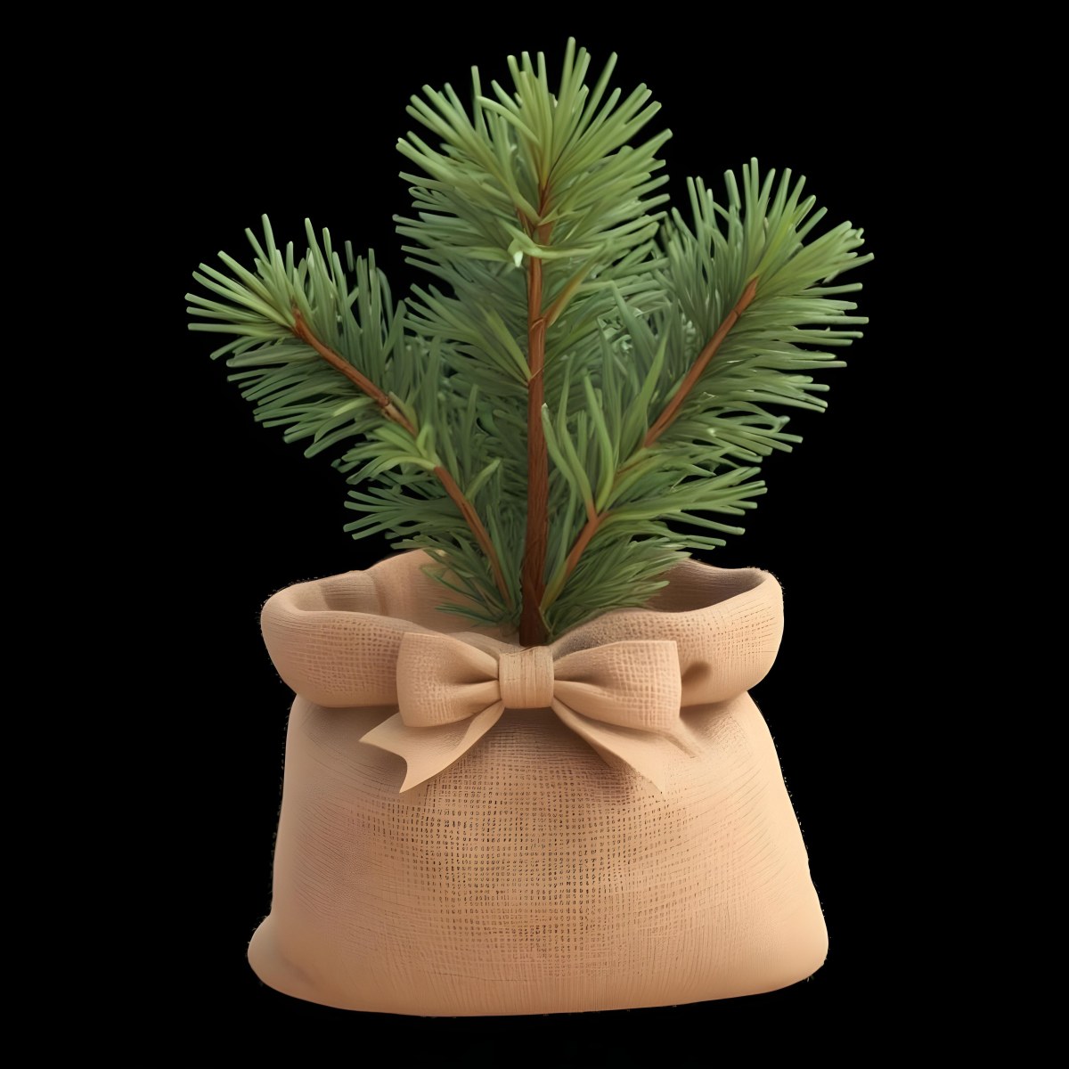 A Small Pine Tree In A Burlap Sack With A Tied Bow The Background Is Plain Black 9 6aa0