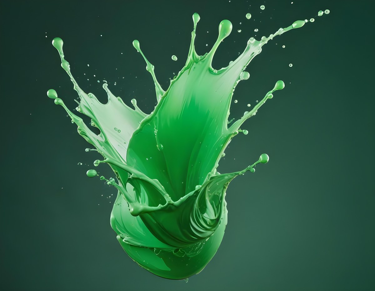 A Splash Of Vibrant Green Paint Frozen In Mid Air Creating Dynamic Curves And Droplets Against A Stark Green Background 6 6d88