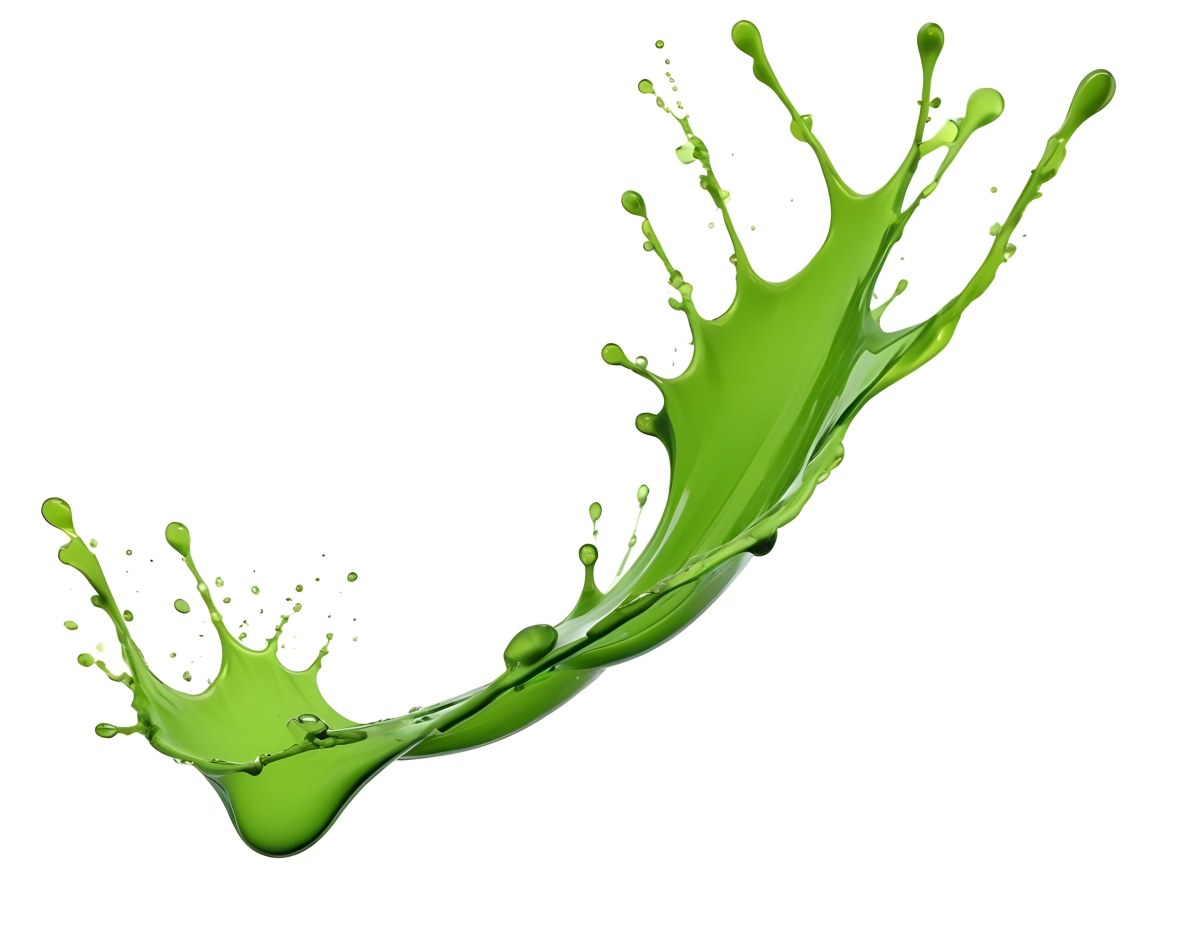 A Splash Of Vibrant Green Paint Frozen In Mid Air Creating Dynamic Curves And Droplets Against A Stark Green Background 8 491c