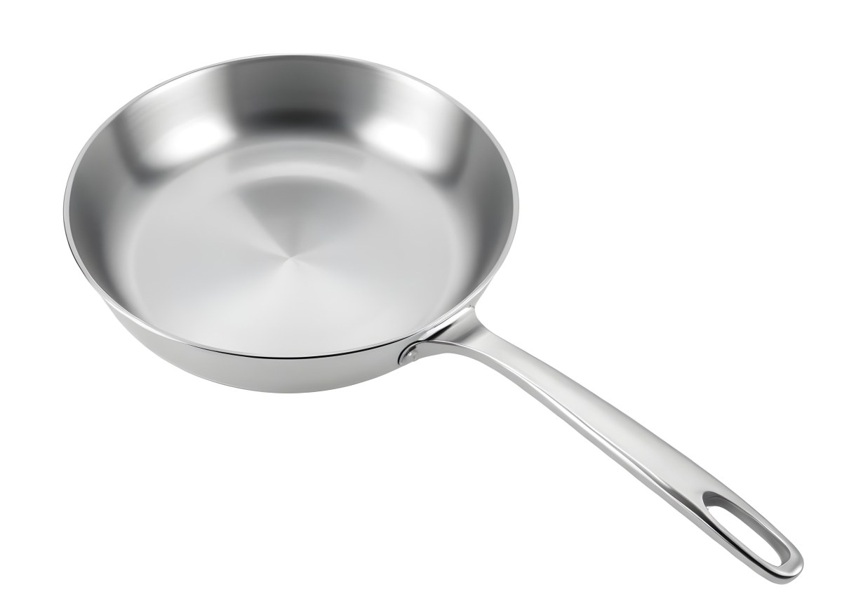 A Stainless Steel Frying Pan With A Long Handle Shiny Surface And A Hole At The End Of The Handle Isolated On White Background 5 7e92