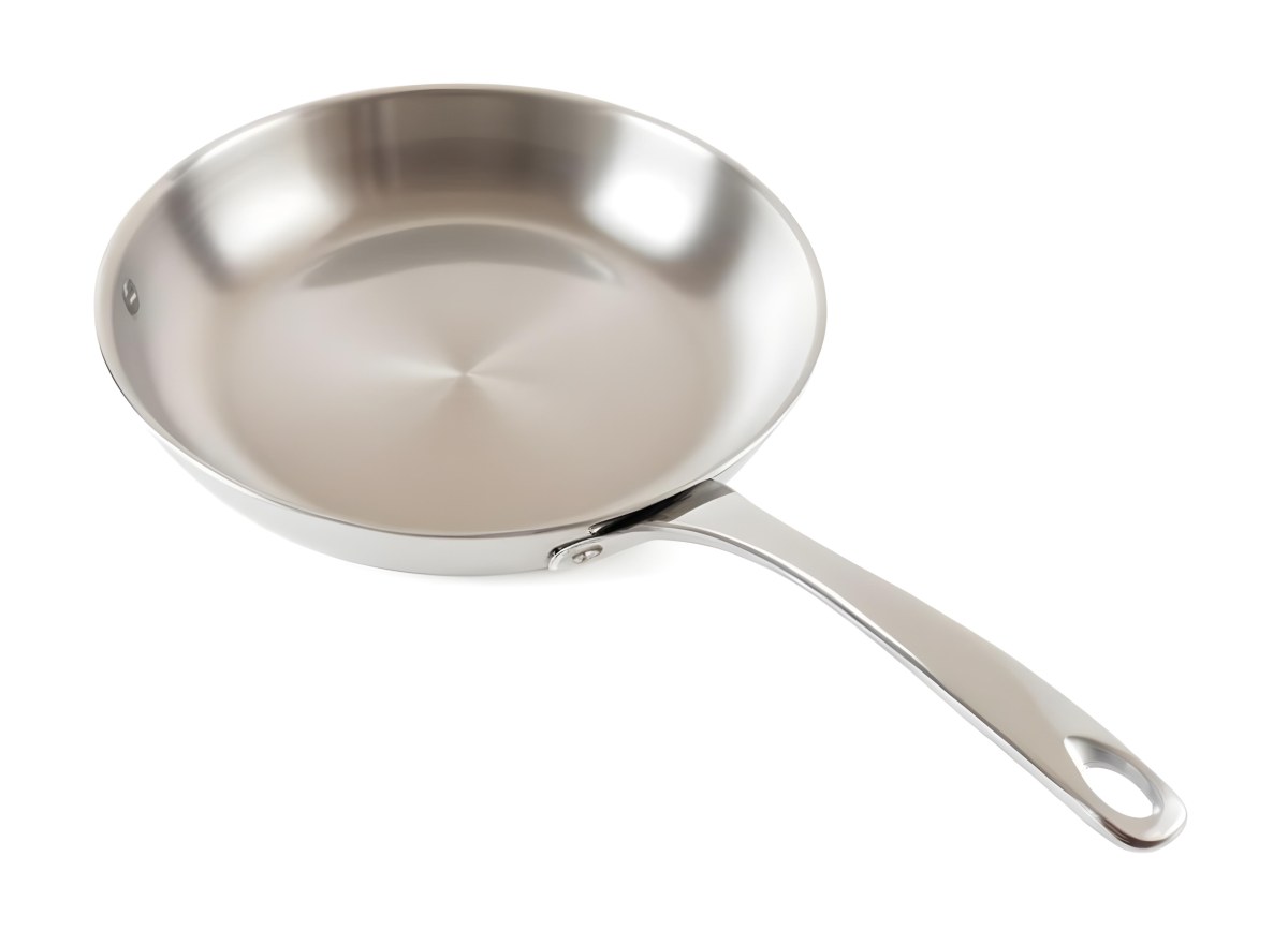 A Stainless Steel Frying Pan With A Long Handle Shiny Surface And A Hole At The End Of The Handle Isolated On White Background 6 3425