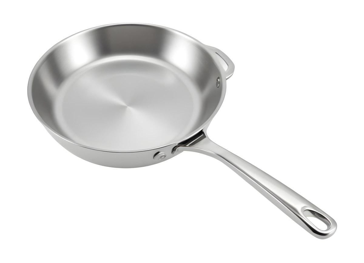 A Stainless Steel Frying Pan With A Long Handle Shiny Surface And A Hole At The End Of The Handle Isolated On White Background 7 Bb8b