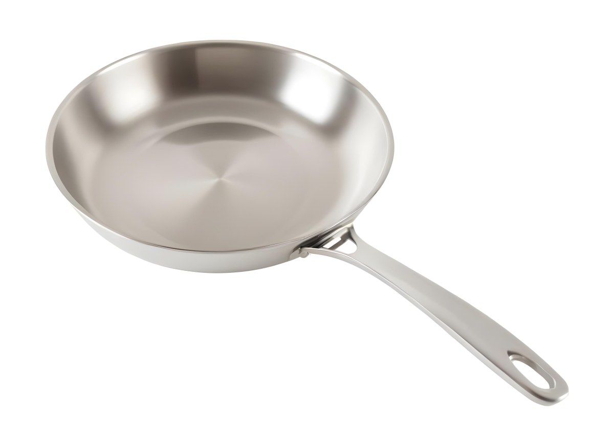 A Stainless Steel Frying Pan With A Long Handle Shiny Surface And A Hole At The End Of The Handle Isolated On White Background 8 D403