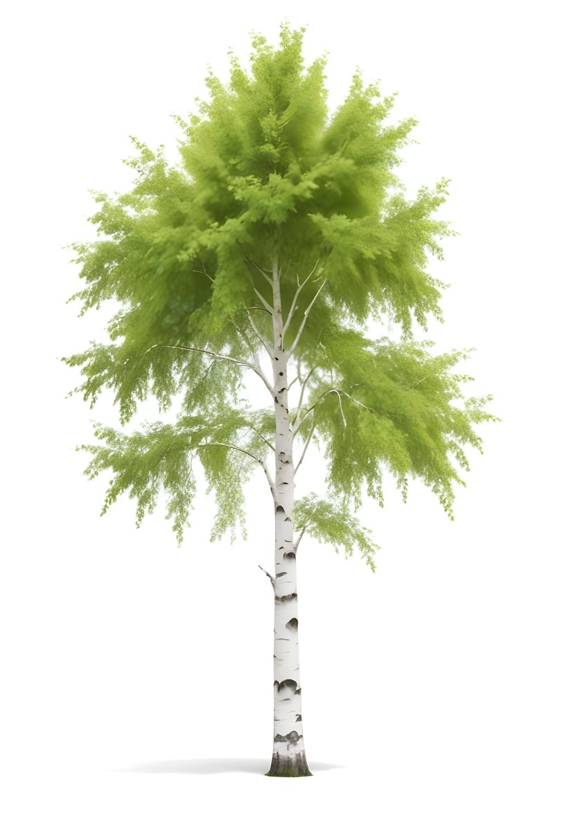 A Tall Birch Tree With White Bark And Lush Green Leaves Against A White Background 5 15b0