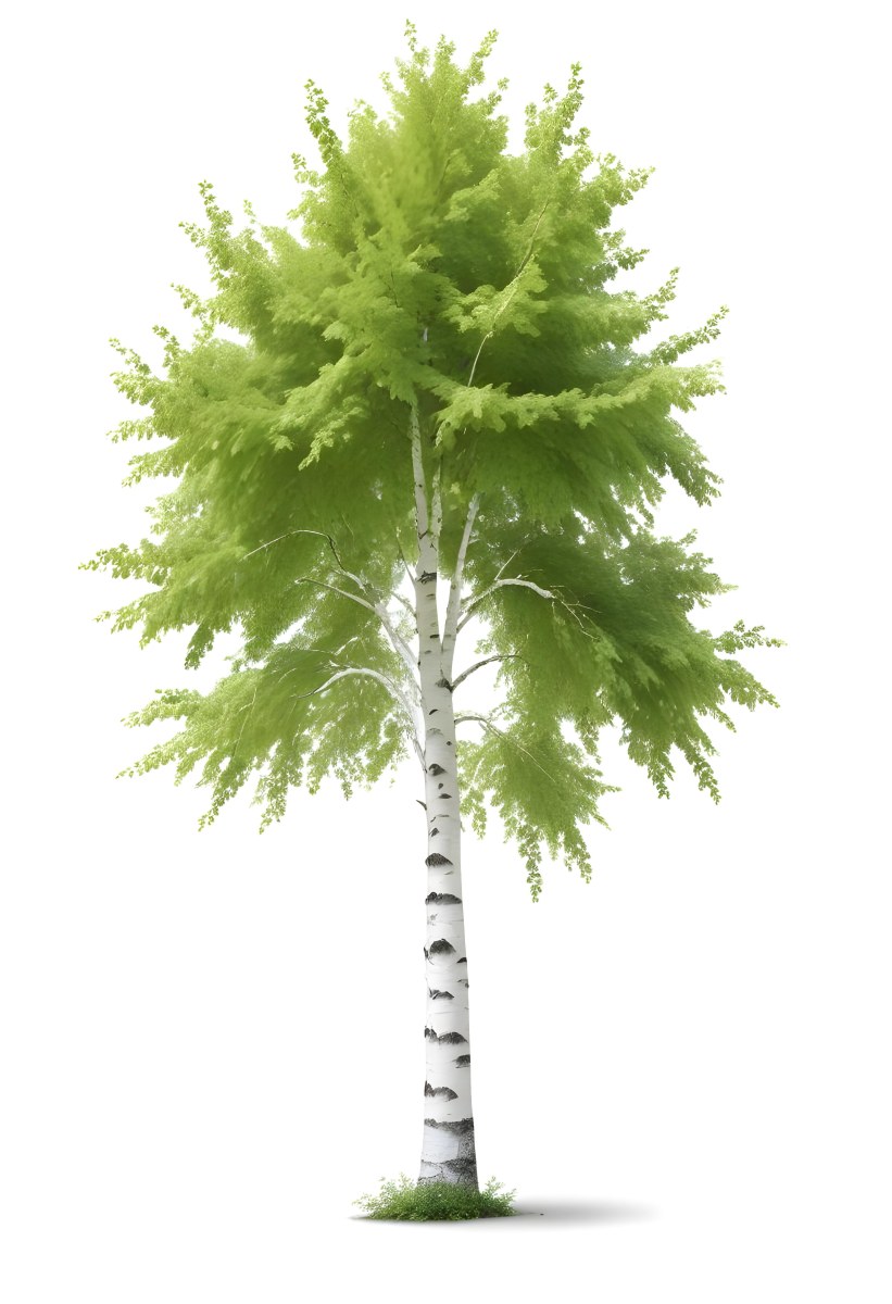 A Tall Birch Tree With White Bark And Lush Green Leaves Against A White Background 6 D7e2